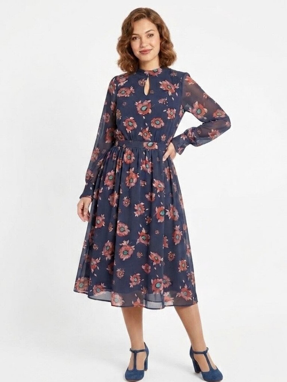 ModCloth Floral Chiffon Long Sleeve Keyhole Navy Blue Midi Dress - Small